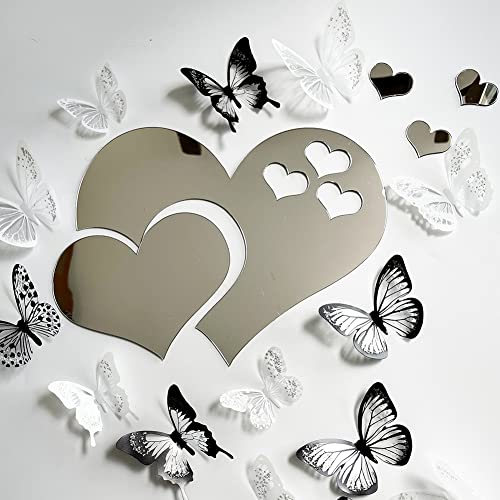 36Pcs 3D Crystal Butterfly And 5Pcs Silver Acrylic Mirror Hearts Wall Stickers With Adhesive Art Decal Satin Paper Baby Kids Bedroom Home Diy Decor Removable Stickers (36 Butterfly And Silver Heart) #TOP3