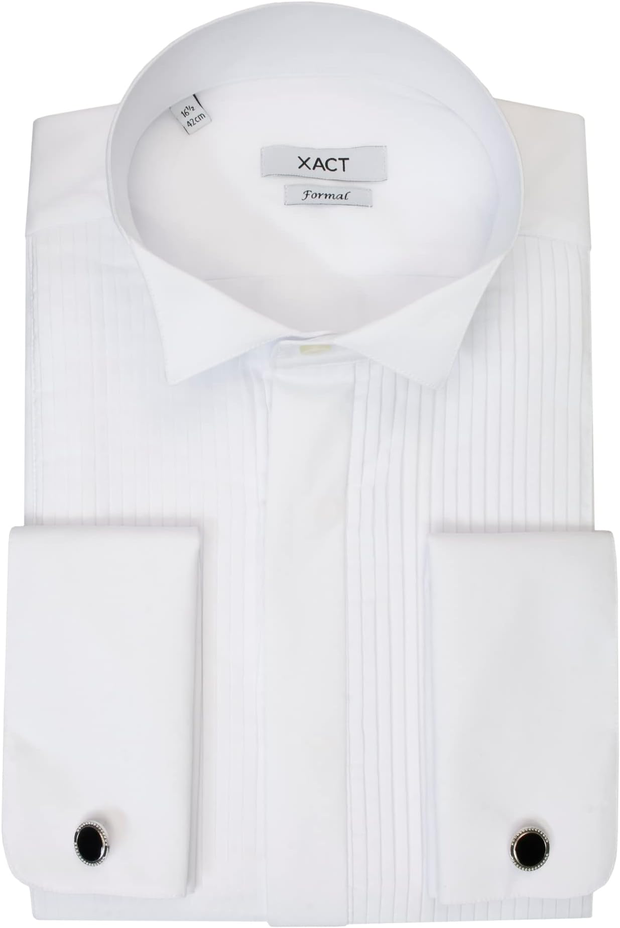Mens Formal Tuxedo Shirt Double Cuff Cufflinks Included, White - Wing Collar - Pleated Fly Front, 44
