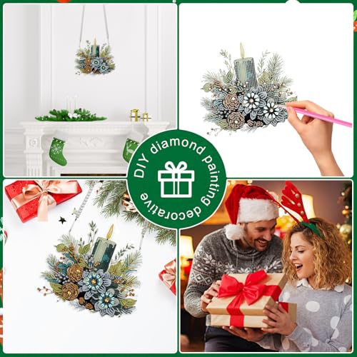 Image of AiYuanzsh Large 5D DIY Christmas Diamond Painting Hanging Ornament Kit | Crystal Diamond Art Pendant, Candle and Floral Decoration, 24.1 x 21.9 cm, Holiday Wall, Window & Door Hanging
