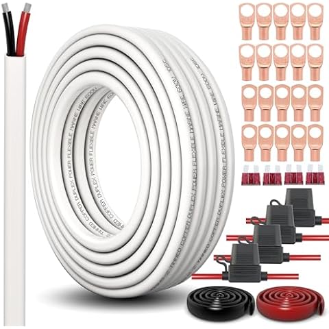 Ruikarhop 10 Gauge Duplex Marine Wire Tinned Copper Boat Wire,20FT 10/2 AWG Standard USA OFC Oxygen Free Copper Wire with 4 PCS 40A Fuse Holder,Lugs Terminal Connectors and 3 :1 Heat Shrink Tube Cover