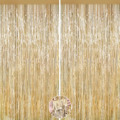 Image of 2Pack Champagne Gold Backdrop Birthday Decorations Foil Curtain Backdrop Gold Streamers Dance Party Decors Photo Booth Props for Bachelorette Decors Christmas Halloween New Years Eve Party Supplies