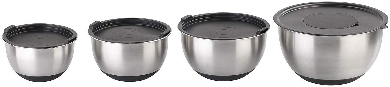 Rosenstein & Söhne Reibe: 22-teiliges Premium-Rührschüssel-Set mit 6 Reibeaufsätzen und Deckeln (Schüssel mit Deckel, Edelstahl Schüssel mit Deckel, Topf)