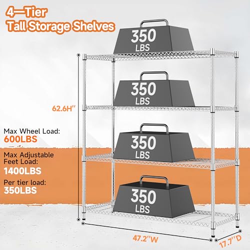 Image of M MZG 4 Tiers Storage Shelves Load 1400LBS, Metal Shelving Wire Metal Shelving Unit Shelves for Storage Adjustable Garage Shelving for Pantry Kitchen Garage Chrome 17.7 inch D x 47.3 inch W x 62.7 inch H