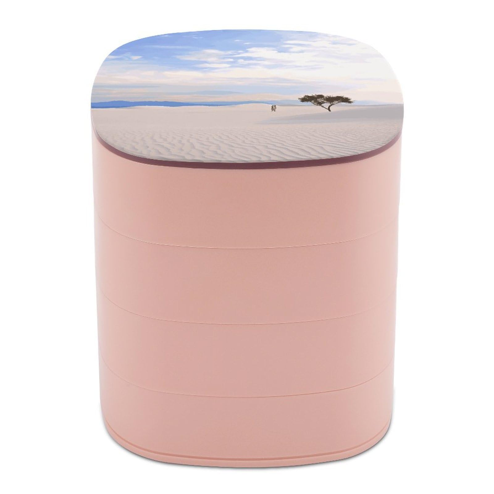 FekiLoot Romantic White Sand Landscape Jewelry Box 4-Layers Rotatable Jewelry Organizer Storage Box with Mirror Cute Travel Jewelry Case Portable Earring Holder Organizer for Ring Necklace Bracelet