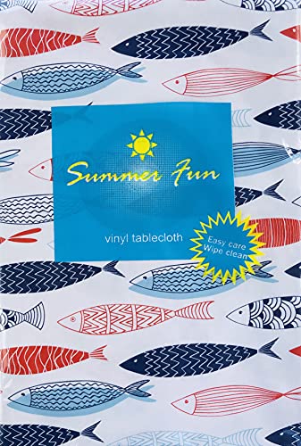 Summer Fish Frenzy Decoratively Drawn Red, White And Blue Vinyl Tablecloth (52 X 70 Oblong) #TOP2