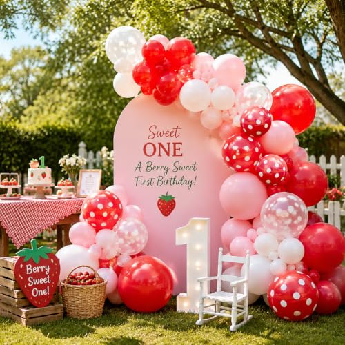 Image of TONIFUL 100 Pack Red Pink White Polka Dot Latex Balloons - Strawberry Theme Mixed Colors Balloon for Birthday Baby Shower Bridal Wedding Bachelorette Party Decorations