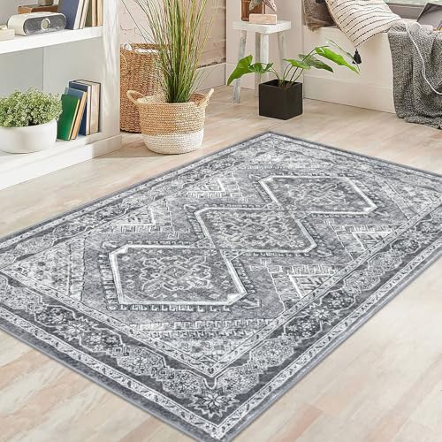 KUTA Vintage Area Rug 4x6 Living Room, Washable Rugs Printed Oriental Distressed Tribal Grey, Non-Slip Dining Room Carpet, Extra Soft Low Pile Cozy Throw for Bedroom Kitchen Nursery