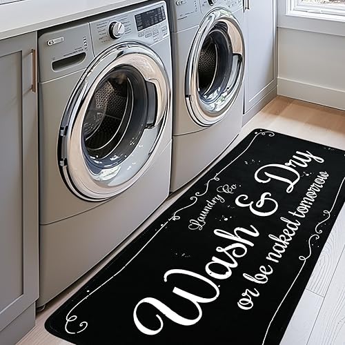 EYECY Laundry Room Runner Rug 24'X72' Non-Slip TPR Back, Bordered Design Washable for Kitchen Floor, Bathroom, Hallway, Entryway Area - Black