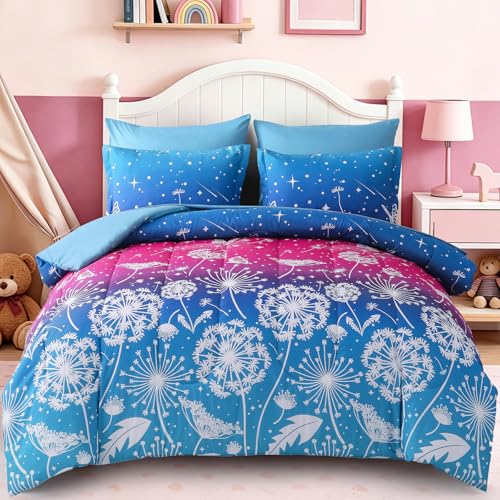 Image of Dinjoy Girls Comforter Set 5 Pieces, Twin Size Colorful Ombre Rainbow Bedding Set, Bed in A Bag for Kid Teen Girls (1 Comforter, 1 Flat Sheet, 1 Fitted Sheet, 1 Pillow Shams, 1 Pillowcases)