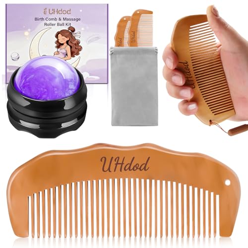 UHdod Birthing Comb & Massage Roller Ball 3 Kit, Wooden Labor Comb Natural Labor and Delivery Essentials, Pregnancy Hospital Bag Essentials, Women Pregnant Mom Gifts for Labor Pain Relief Acupressure