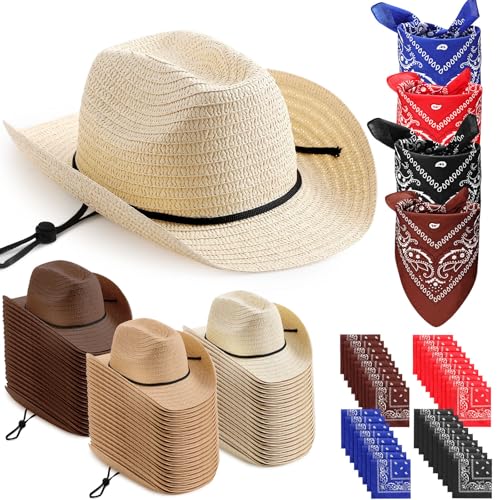 Image of Coume 36 Set Straw Cowboy Hats with Bandana Include 36 Cowboy Party Hats 36 Western Scarf in 4 Color for Cosplay Accessories