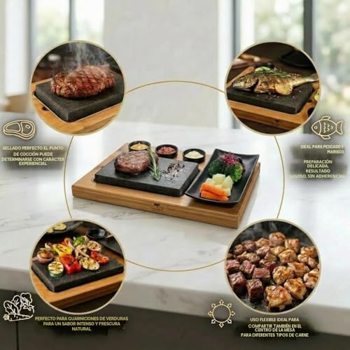Miniatura 2 de Beefstone Juego De 4 Tablas De Carne De Piedra De Lava Y Placa De Porcelana Para Tostar Carne Y Pescado Sobre Piedra Caliente 4 X Uno Black
