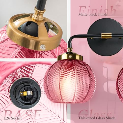 Image of Bathroom Lighting fixtures Modern Vanity Lights Red Ribbed Glass Shade 2-Lights Over Mirror Wall Sconce Vintage Gold Bathroom Light fixtures Black Wall Mount Light Farmhouse Sconces