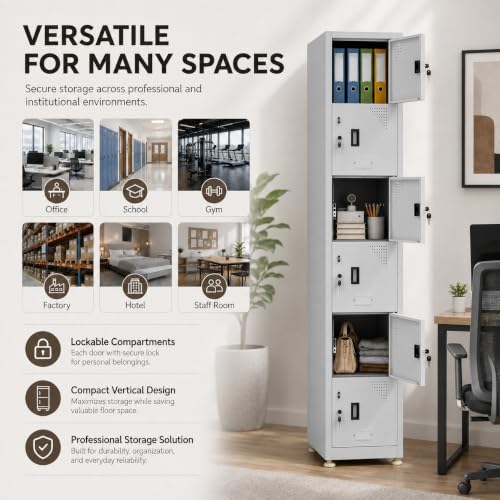 Image of Amazon Brand - Solimo Vertical 6 Door Steel Storage Locker, 183 CM Height Floor Standing Metal Cabinet with Individual Locks & Keys, Powder-Coated Havells Grey for Gym, School, Office & Workplace