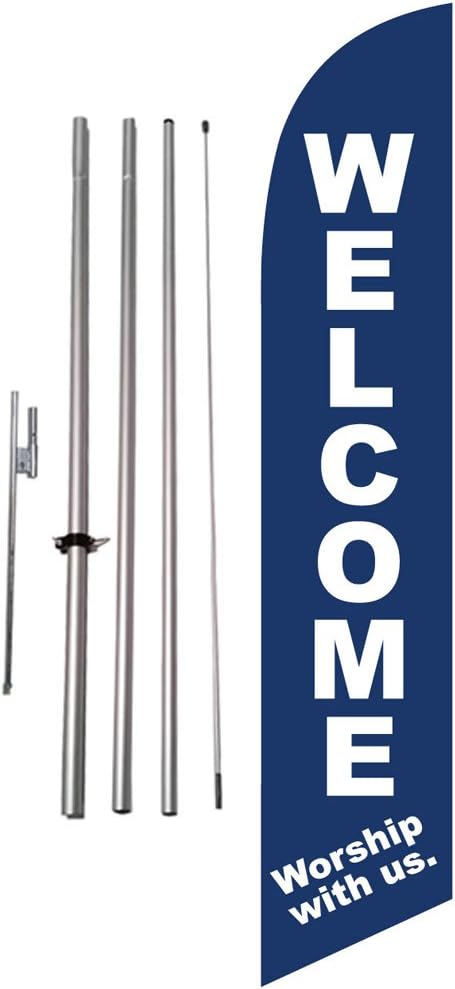 Welcome Worship with us Church 15 foot Feather Banner Sign with Flag Pole Kit and Ground Spike