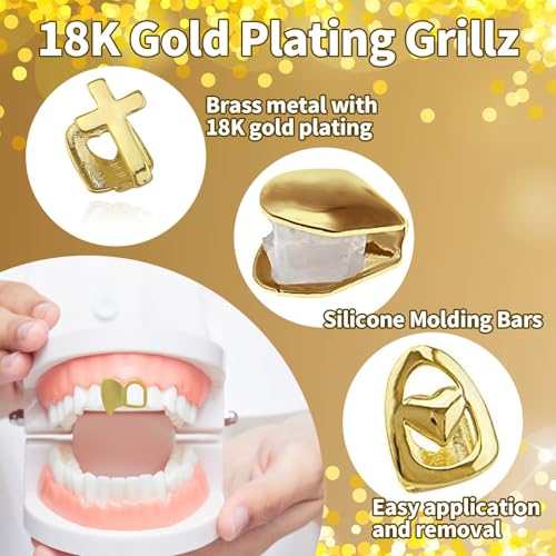 THE WHITE SHOP 6PCS 18K Plated Gold Grillz Mouth Teeth Top Tooth Single Grill Cap for Teeth Mouth Party Accessories Teeth Grills Hip Hop Teeth Removable Mouth Grills (GOLD)