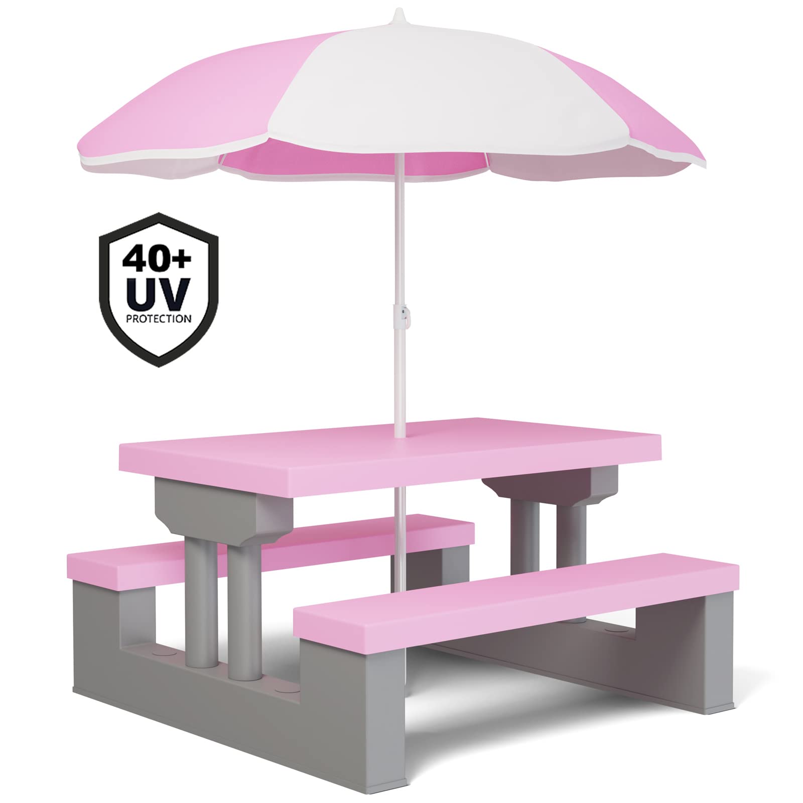 Spielwerk® Set Tavolo e 2 Panche per Bambini con Ombrellone da Giardino Sistema a Incastro in Plastica ABS Rosa Sedie Picnic Esterno Cameretta Interno Bimbi Giochi