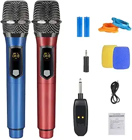Microfone Sem Fio Duplo Profissional, Sinal 2.4g, Kit com 2 Microfones de Mão com Display Digital, Receptor Sem Fio, para Karaokê, Eventos e Palestras