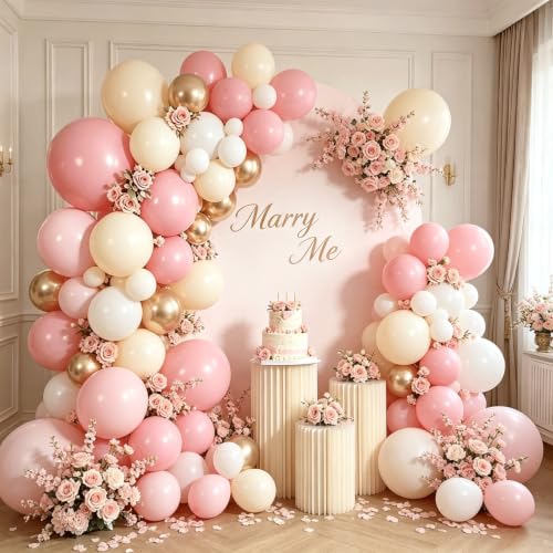 Image of Zesliwy Pink White Sand Gold Balloons Arch Kit, Latex, Party Decorations