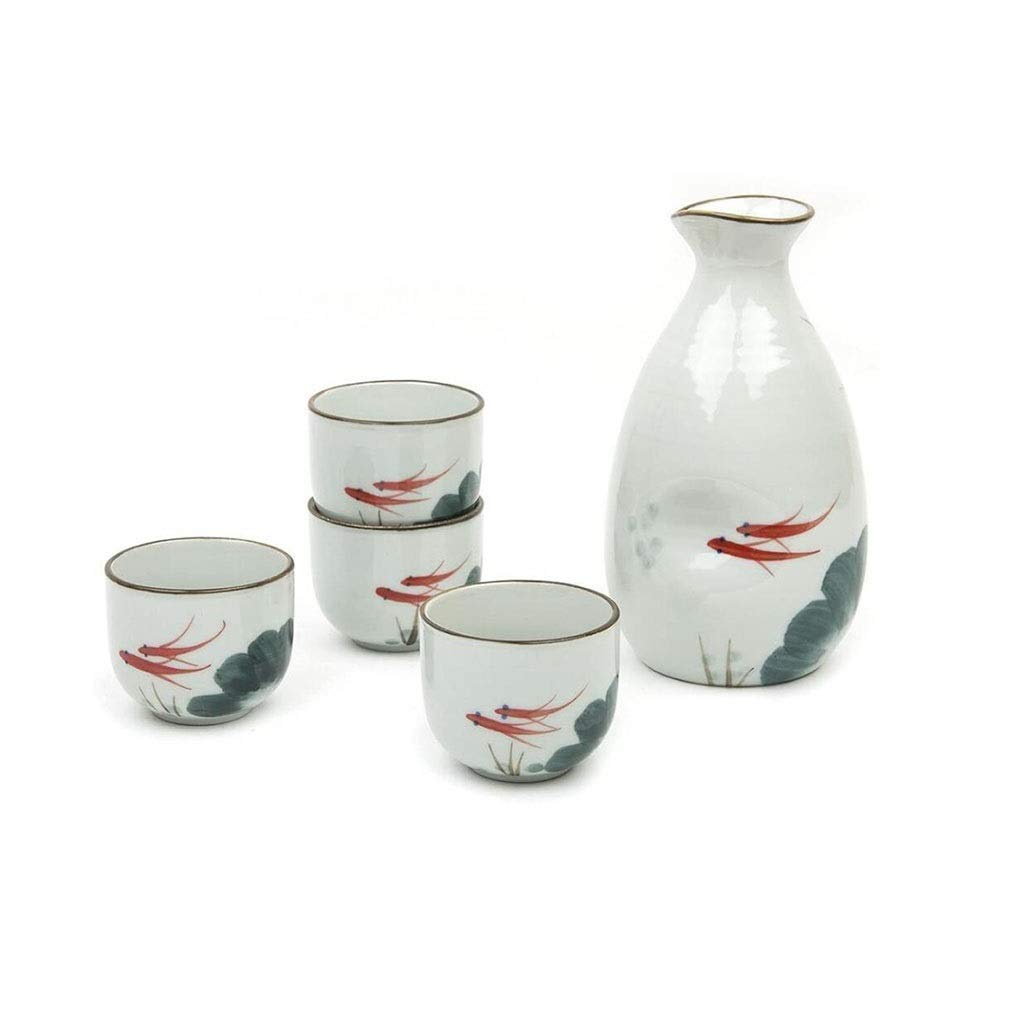 Service à saké Japonais, Tasse en céramique et Verre à vin Artisanal en Porcelaine Peinte à la Main, Lot de 5 (Poisson Rouge)