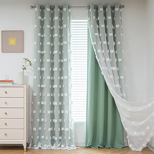 Image of MYSKY HOME Aqua Curtains for Kids Room Nursery Curtains 72 Inches Long for Girls Bedroom Double Layer Curtains White Pom Pom Sheer Curtains for Dining Room Grommet Room Darkening Panels W52 X L72