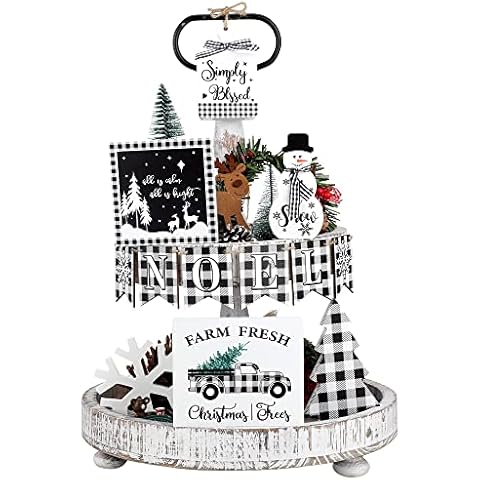11 PCS Christmas Tiered Tray Wooden Decor Black and White Plaid Wood Signs Farmhouse Wooden Table Signs Xmas Tree Snowflake Wood Blocks for Home Tabletop Decor Winter Holiday Party Supplies Cover