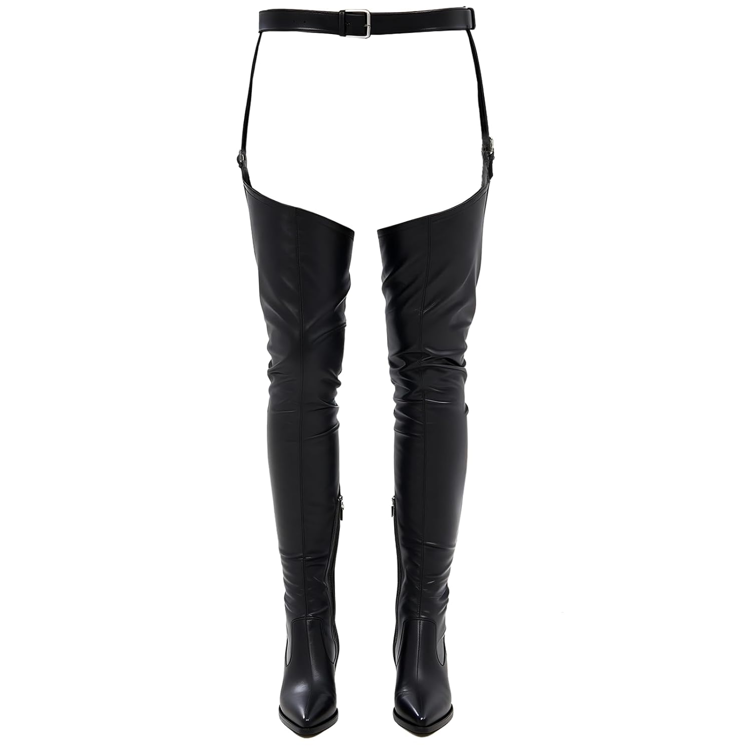 FancyQueen Thigh High Boots Black Over the Knee Pointed Toe Chunky Heel Western Boots With Belted for Party