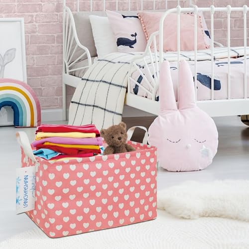 Image of Rectangular Storage Basket Collapse Canvas Fabric Cartoon Storage Bin with Handles for Organizing Home /Kitchen /Kids Toy /Office /Closet /Shelf Baskets(REC pink heart)