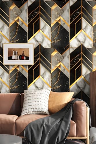 Image of Veki Luxury Floral & Botanical Geometric Wallpaper Mural - Waterproof, Moisture-Proof, Self-Adhesive PVC Wall Sticker for Home & Hotel Decoration (45cm x 300cm) (Chevron)