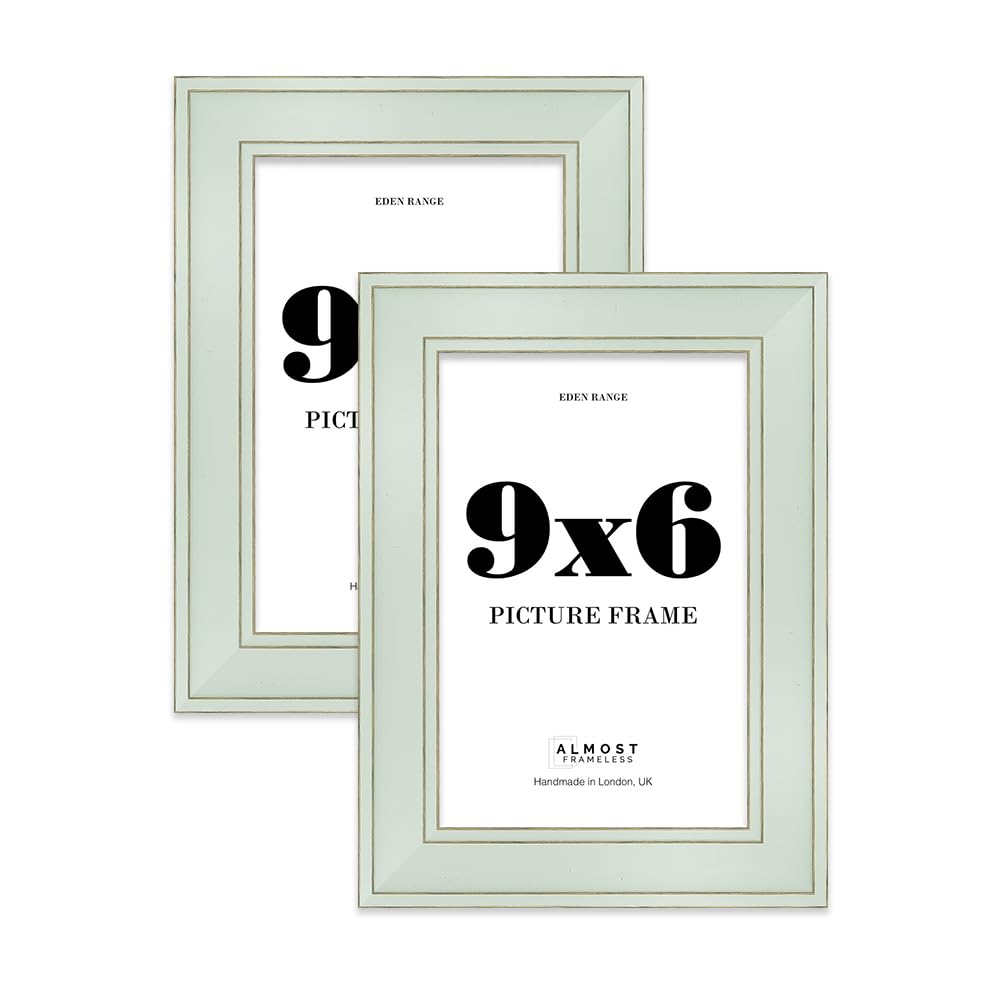 9x6 Sage Green Picture Frame - Shabby Chic Photo Frame with Distressed Finish, Gold Trim, Wall Hooks and Kickstand, 37mm Edge - 2 Pack