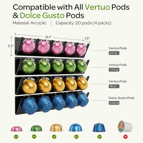 Image of LifeMoreasy Magnetic Coffee Pods Holder for Nespresso Vertuo & Dolce Gusto, Acrylic Coffee Capsule Organizer with Strong Magnet & Adhesive Backing - Space-Saving and Free Assembly , 4 Packs / 20 Pods