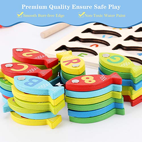 Magnetic Wooden Fishing Game Toy for Toddlers, Alphabet Fish Catching Counting Games Puzzle with Numbers and Letters, Preschool Learning ABC and Math Educational Toys for 3 4 5 Years Old Girl Boy Kids