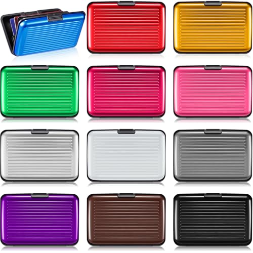TaoBary 12 Pcs RFID Blocking Credit Cards Holder Mini Slim Aluminum Wallet Metal Business Card Case Credit wallet Protector ID Case for Women Men, Multicolor (Double Sided Stripes)