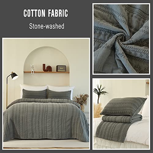 Evenhug Embroidered Striped Queen Quilt Set Solid Grey Lightweight Bedspread Set Breathable Cotton Bed Cover Super Soft Reversible Coverlet Set With Pillow Shams (Gray, King) #TOP2