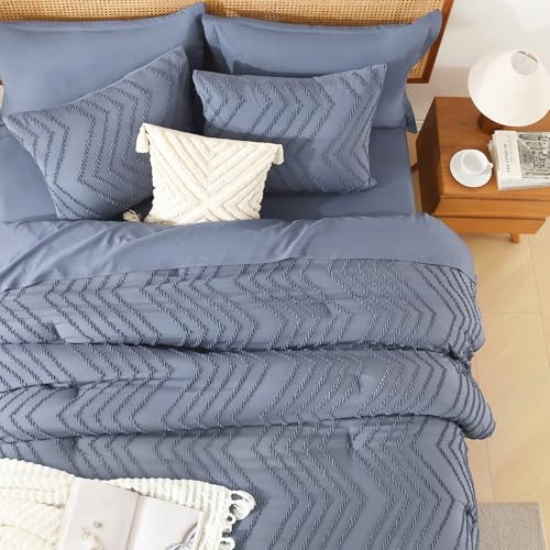 Image of Litanika Queen Size Comforter Set with Sheets Bluish Grey - 7 Pieces Bed in a Bag Queen Chevron Tufted Complete Bedding Sets with Comforter, Sheets, Pillowcases & Shams