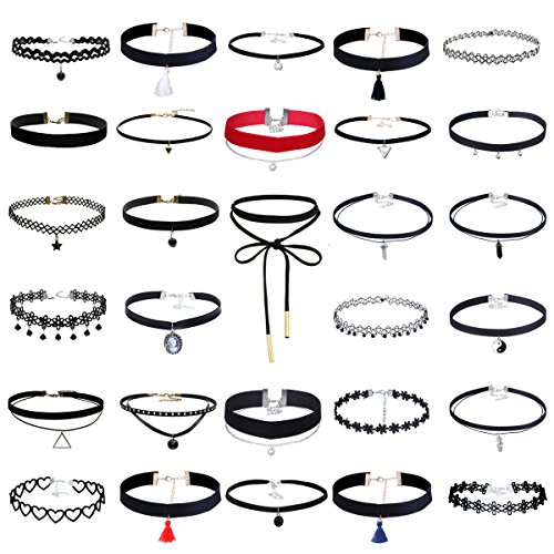 Floweralight 29 Stück Halsbänder Halskette aus Choker Samt Choker Set Schnürsenkel Halsband Schwarz Leder Halskette Cover