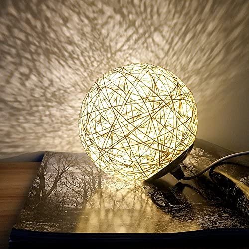 Romantic Night Light Creative Ins Wind Starry Table Lamp Bedroom Bedside Lamp Fantasy Rattan Ball Moon Light (Light Yellow) #TOP4