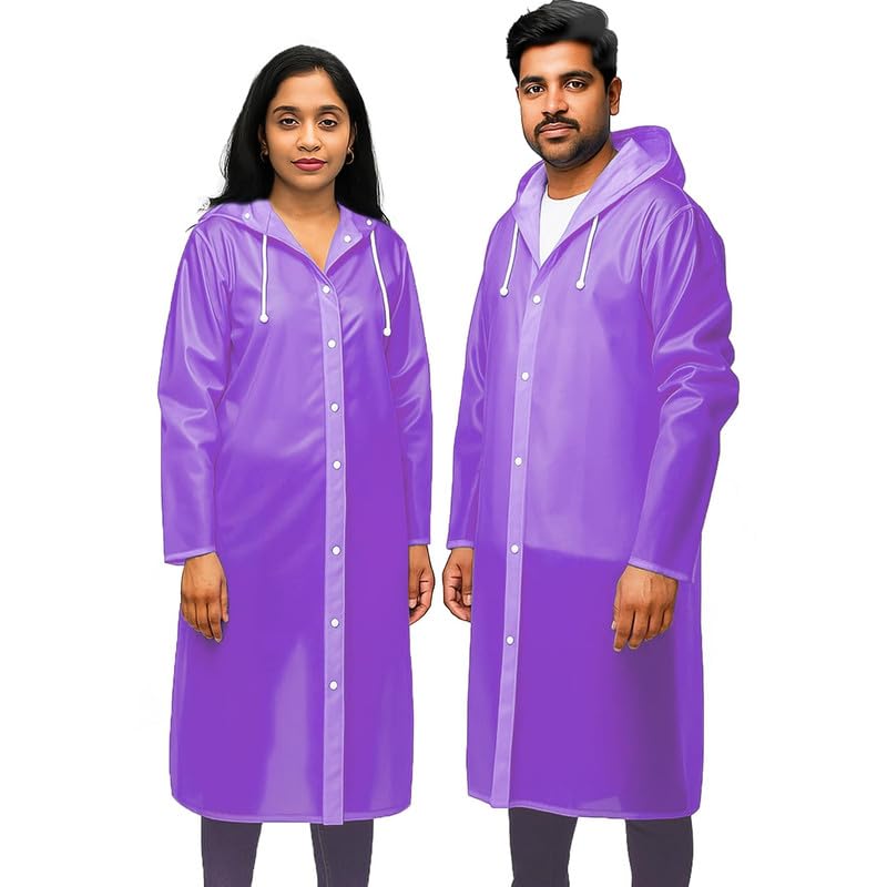 Kolva Long Hooded Waterproof Raincoat | Premium EVA Material | Full Length Button Closure Rain Wear Women and Men (Purple) (2 Piece)-image-34