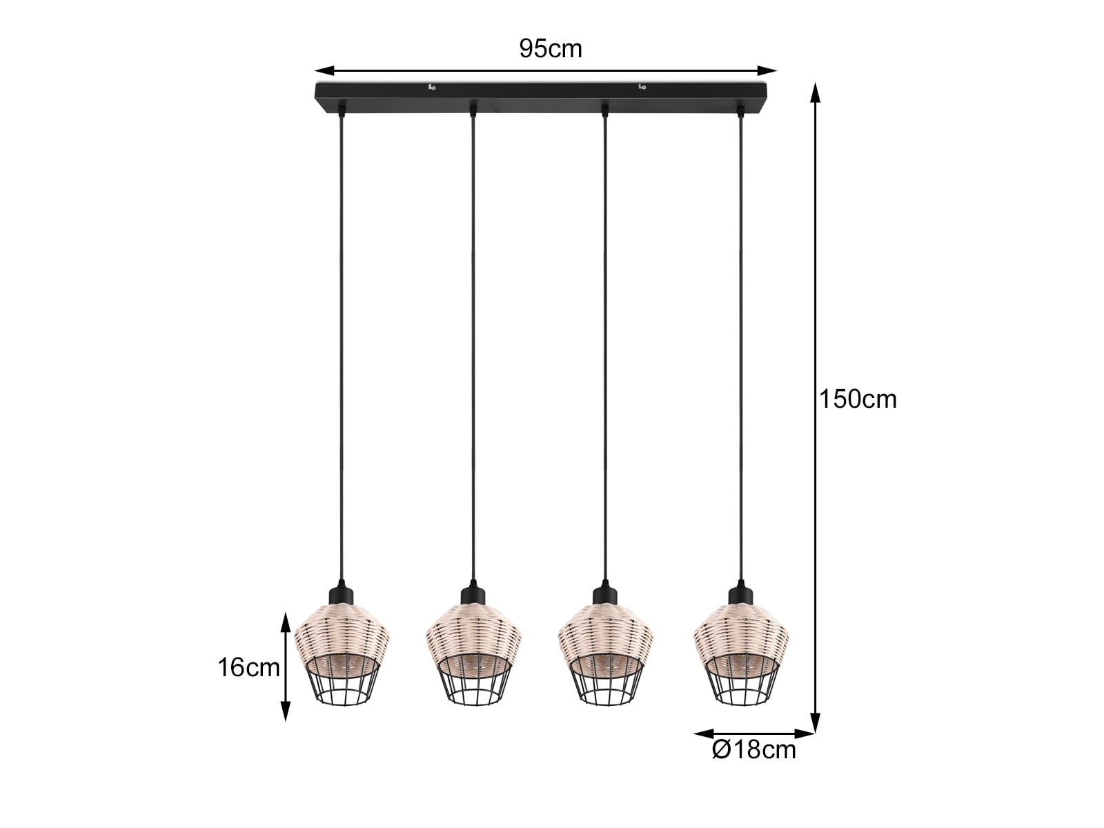 Lampa wisząca LED, czarna, rattanowa, naturalna, 4 źródła światła