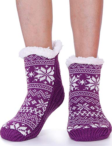 Womens Fuzzy Slipper Socks Fluffy Plush Cozy Cabin Fleece Huggle Stocking Stuffers Non Skid Winter Socks with Gripper?Snowflake-Purple?