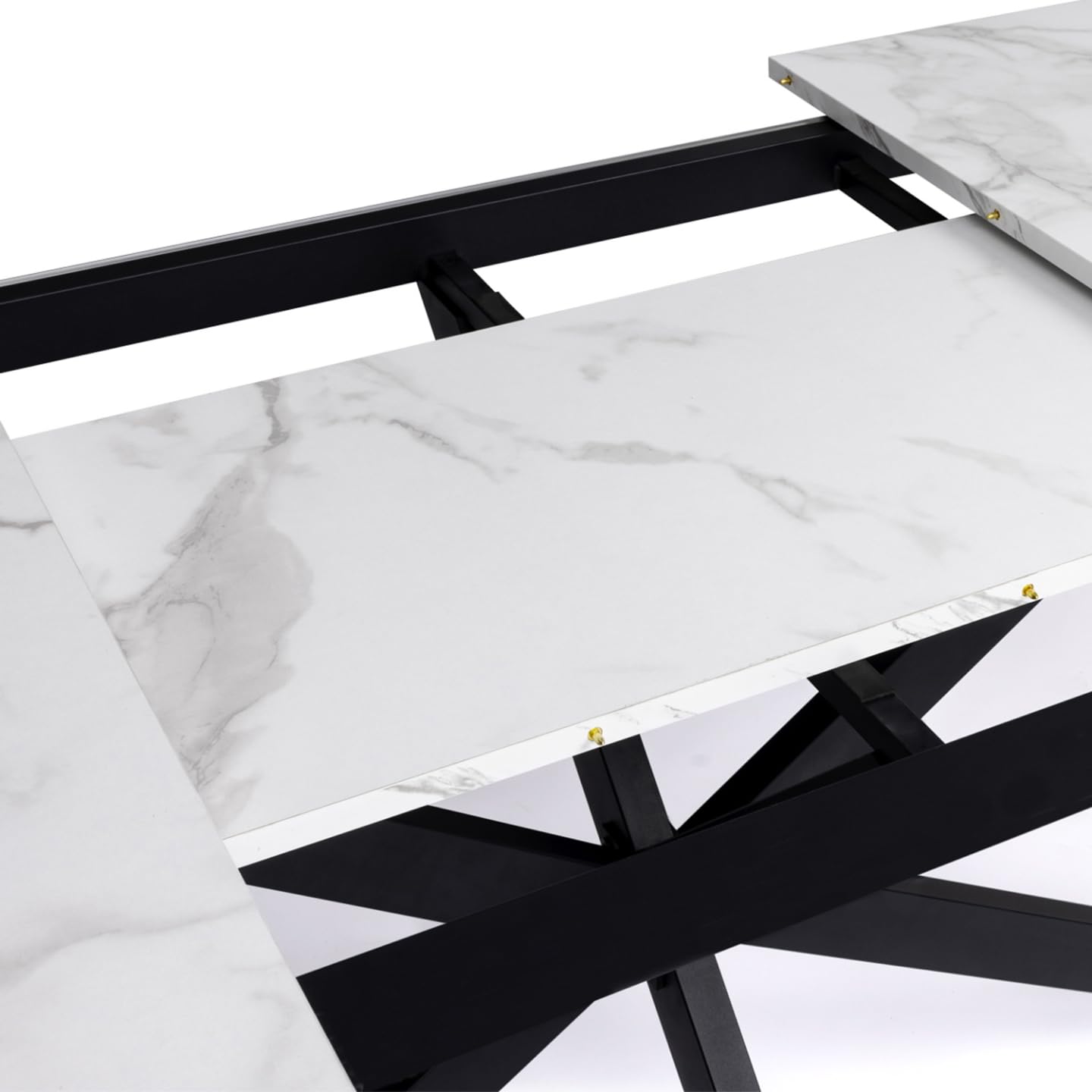 IDMarket – Mesa de comedor extensible rectangular Alix 6-10 personas, pie araña negro, bandeja efecto mármol blanco Alaska 160-200 cm