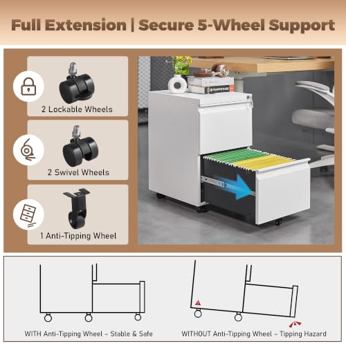 Image of Guizeeopo Fully Assembled 2 Drawer File Cabinet, Locking Filing Cabinet with Anti-Tipping Wheels, Quiet Slide, Heavy-Duty Steel Construction, Fits A4 Letter Legal for Home Office, Matte White