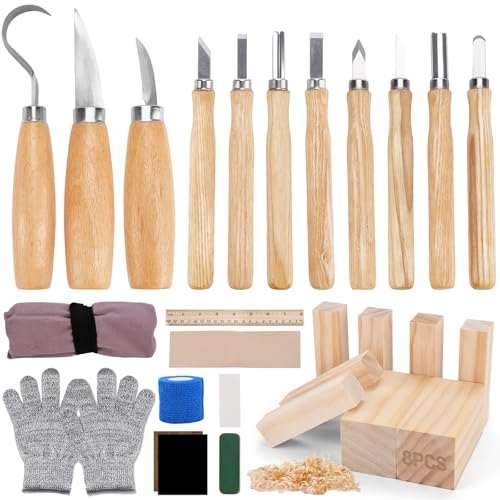 ZUSUZU Kit Intaglio Legno 28 Pcs,Strumenti per Intaglio del Legno con Coltelli da Intaglio,Scalpelli,Blocchi di Legno e Guanti,Set di Coltelli da Intaglio per Principianti,Hobbisti e Regalo Creativo