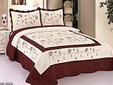 3pc Beige / Burgundy High Quality Fully Quilted Embroidery Bedspread Bed Coverlets Cover Set , Queen King