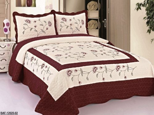 3pc Beige/Burgundy Fully Quilted Embroidery Bedspread Bed Coverlets Cover Set, Queen King