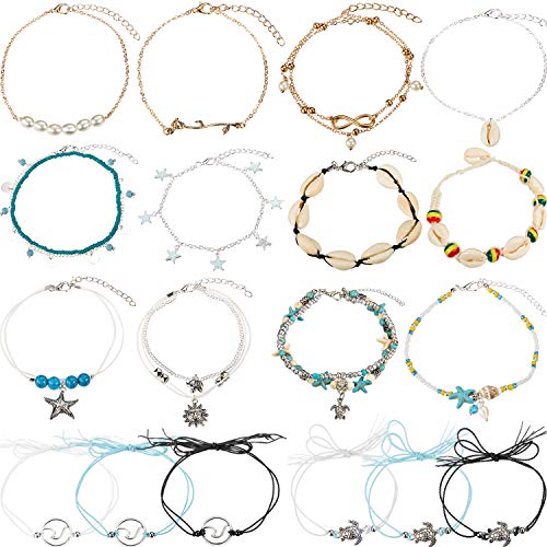 Preisvergleich Produktbild 18 Stücke Knöchel Armbänder Knöchelkette Schildkröte Welle Fußkettchen Böhmischen Barfuß Strand Fußkettchen Schmuck für Damen Gefälligkeiten