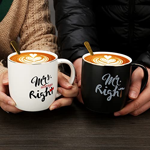 Mr Right Mrs Always Right Couple Coffee Mugs Cups - Bridal Shower Wedding Anniversary Valentine's Day Gift - Bride And Groom Newlyweds Married Couples Ceramic Marble Mugs Set - Black And White #TOP3