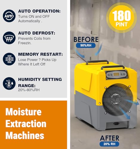 Image of 150 Pints Compact Commercial Dehumidifier, LGR Technology, Built-in Pump, ETL Certified, Ideal for Large Spaces, Water Damage Restoration, Industrial Use (Yellow)