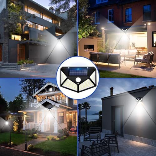 BRITSPEAR 600Lm Solar Lights Outdoor 100 LED Solar Security Light with Waterproof Wall Light Solar Powered and 3 Modes for Outdoor 1200mAh (Black)