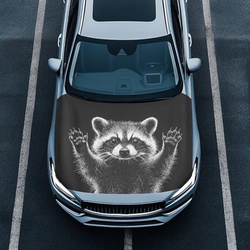 Image of Raccoon Car Hood Cover Stretch Polyester Cover for Car Hood Waterproof Automotive Accessories Easy Installation for Car Hood Decoration and Protection